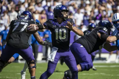 Oct 14, 2023; Fort Worth, Texas, USA; TCU Horned Frogs quarterback Josh Hoover (10) passes against the Brigham Young Cougars during the game at Amon G. Carter Stadium.