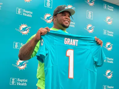 Miami Dolphins first-round pick Kenneth Grant on Friday, April 25, 2025, in Miami Gardens.