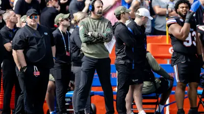 Florida Gators head coach Billy Napier looks on during the first half against the Arkansas Razorbacks at Steve Spurrier Field at Ben Hill Griffin Stadium in Gainesville