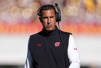 Sep 28, 2024; Los Angeles, California, USA;Wisconsin Badgers head coach Luke Fickell reacts against the Southern California Trojans in the second half at United Airlines Field at Los Angeles Memorial Coliseum.