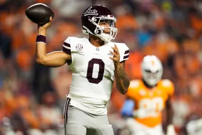 Mississippi State quarterback Michael Van Buren Jr. (0) during a college football game between Tennessee and Mississippi State at Neyland Stadium in Knoxville, Tenn., on Saturday, Nov. 9, 2024.