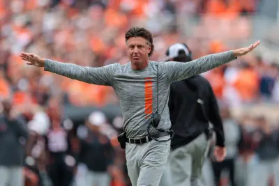 Oklahoma State head football coach Mike Gundy argues for a call in the second half of the college football between the Oklahoma State University Cowboys and the Utah Utes at Boone Pickens Stadium in Stillwater