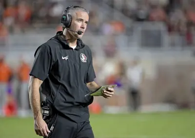 Oct 5, 2024; Tallahassee, Florida, USA; Florida State Seminoles head coach Mike Norvell looks on during the second half against the Clemson Tigers at Doak S. Campbell Stadium.