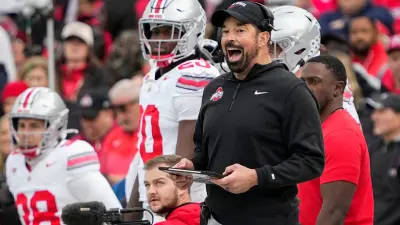 Ohio State Buckeyes head coach Ryan Day yells from the sideline during the NCAA football game against the Northwestern Wildcats at Wrigley Field in Chicago on Monday