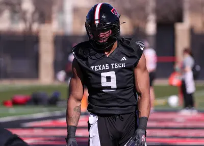 Texas Tech's Romello Height awaits his turn during a drill during spring football practice, Monday, March 10, 2025, at the Womble Football Center.