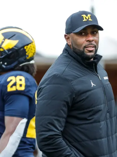Michigan head coach Sherrone Moore watches a play during the second half of the spring game at Michigan Stadium in Ann Arbor on Saturday