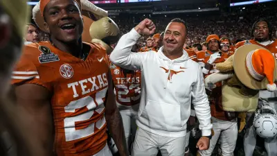 Texas Longhorns head coach Steve Sarkisian celebrates the 38-24 win against Clemson in the first round of the College Football Playoffs at Darrell K Royal-Texas Memorial Stadium on Saturday