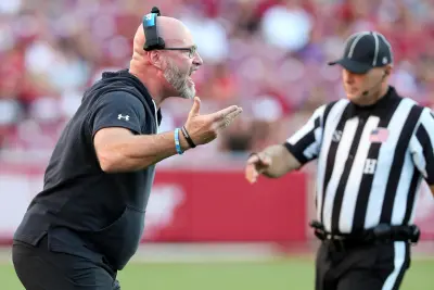 Sep 14, 2024; Fayetteville, Arkansas, USA; UAB Blazers head coach Trent Dilfer reacts to a call in the fourth quarter against the Arkansas Razorbacks at Donald W. Reynolds Razorback Stadium. Arkansas won 37-27