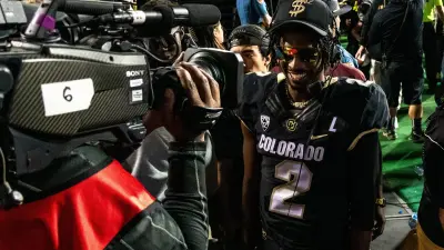 Shedeur Sanders talks to the TV cameras after Colorado's victory over Colorado State on September 16