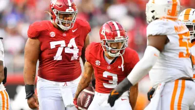 Alabama wide receiver Jermaine Burton (3) and offensive lineman Kadyn Proctor (74) celebrating after a play during an NCAA college football game between Tennessee and Alabama at Bryant-Denny Stadium in Tuscaloosa