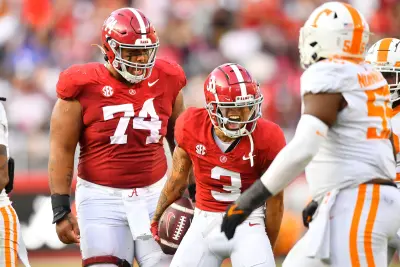 Alabama wide receiver Jermaine Burton (3) and offensive lineman Kadyn Proctor (74) celebrating after a play during an NCAA college football game between Tennessee and Alabama at Bryant-Denny Stadium in Tuscaloosa, Ala., on Saturday, Oct. 21, 2023.