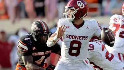Oklahoma's Dillon Gabriel (8) looks to throw a pass in the second half during a Bedlam college football game between the Oklahoma State University Cowboys (OSU) and the University of Oklahoma Sooners (OU) at Boone Pickens Stadium in Stillwater