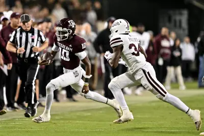 Nov 11, 2023; College Station, Texas, USA; Texas A&M Aggies quarterback Marcel Reed (10) runs the ball during the fourth quarter against the Mississippi State Bulldogs at Kyle Field.