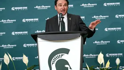 Michigan State football coach Jonathan Smith speaks during an introductory press conference on Tuesday