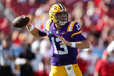 Jan 1, 2024; Tampa, FL, USA; LSU Tigers quarterback Garrett Nussmeier (13) throws a pass against the Wisconsin Badgers in the third quarter during the ReliaQuest Bowl at Raymond James Stadium