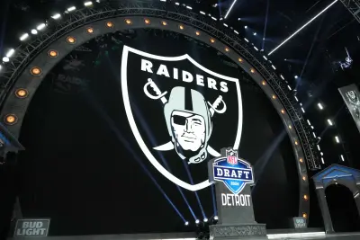 Apr 25, 2024; Detroit, MI, USA; A Las Vegas Raiders logo at the 2024 NFL Draft at Campus Martius Park and Hart Plaza.