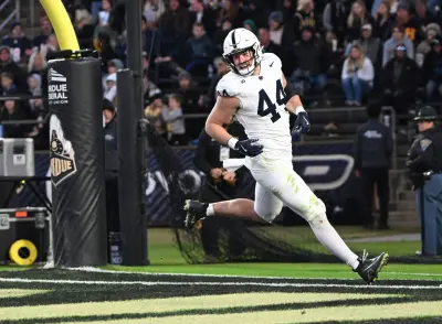 Nov 16, 2024; West Lafayette, Indiana, USA; Penn State Nittany Lions tight end Tyler Warren (44) smiles after scoring a touchdown during the second half against the Purdue Boilermakers at Ross-Ade Stadium.