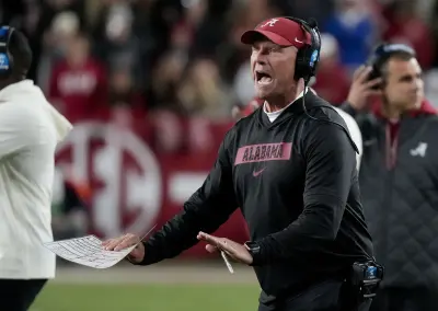 Nov 30, 2024; Tuscaloosa, Alabama, USA; Alabama Crimson Tide head coach Kalen DeBoer is upset with officials after a Tide player was called for a personal foul during the second half against the Autumn Tigers at Bryant-Denny Stadium. Alabama won 28-14.
