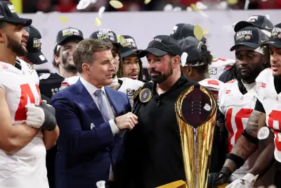 Jan 20, 2025; Atlanta, GA, USA; Ohio State Buckeyes head coach Ryan Day is interviewed after winning against the Notre Dame Fighting Irish in the CFP National Championship college football game at Mercedes-Benz Stadium.