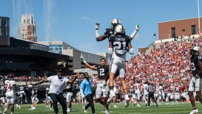 Vanderbilt players celebrate following their win after Saturday’s game between Vanderbilt and Virginia Tech at FirstBank Stadium in Nashville