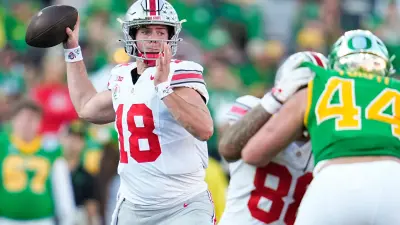 Ohio State Buckeyes quarterback Will Howard (18) throws during the first half of the College Football Playoff quarterfinal against the Oregon Ducks at the Rose Bowl in Pasadena