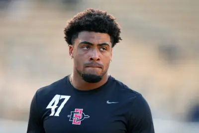 Sep 14, 2024; Berkeley, California, USA; San Diego State Aztecs edge Trey White (47) before the game against the California Golden Bears at California Memorial Stadium.