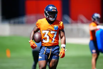 May 10, 2025; Englewood, CO, USA; Denver Broncos running back RJ Harvey (37) during rookie minicamp at Broncos Park Powered by CommonSpirit.