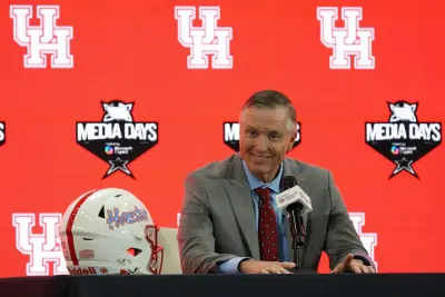 Jul 9, 2025; Frisco, TX, USA; Houston head coach Willie Fritz speaks with the media during 2025 Big 12 Football Media Days at The Star.