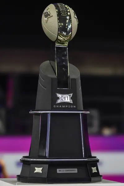 Jul 9, 2025; Frisco, TX, USA; The Big 12 Football Champion Trophy on display during 2025 Big 12 Football Media Days at The Star.